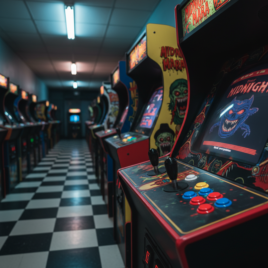 A narrow hallway of retro arcade cabinets stretches into the darkness, each machine painted in bold primary colors but dedicated to obscure horror games. Their marquees glow in deep reds and sickly greens, casting eerie reflections on the glossy, checkered floor. The nearest cabinet, titled “Midnight Mara,” is in sharp focus, its joystick and concave buttons polished from use, while the rest fade into soft blur. Overhead, a single flickering fluorescent tube light adds a cold, haunted ambience. Captured in photographic realism from a low-angle perspective, the composition creates a tunnel-like effect, inviting viewers into a playful yet ominous realm of forgotten horror games.